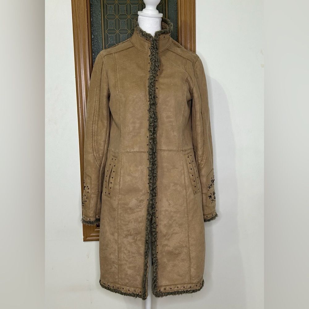 Faux Fur Faux Suede Jewel Winter Coat Women’s Small Tan